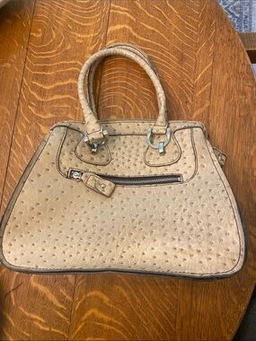 London Fog Beige Ostrich-Texture Satchel with Front Zip